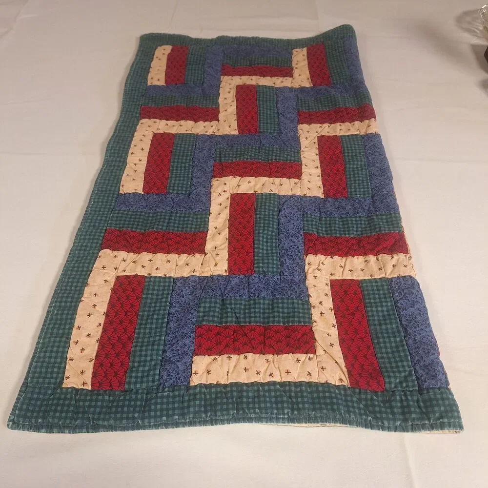 Handmade Quilted Patchwork Rail Fence Baby Blanket Red Blue Crib Throw 31 X 35